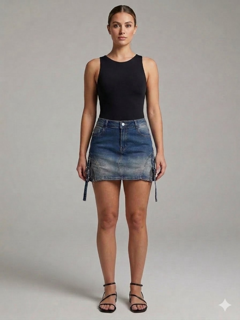 IMMODEL Y2K Distressed Ombre Utility Denim Retro Mini Skirt with Side Buckles L